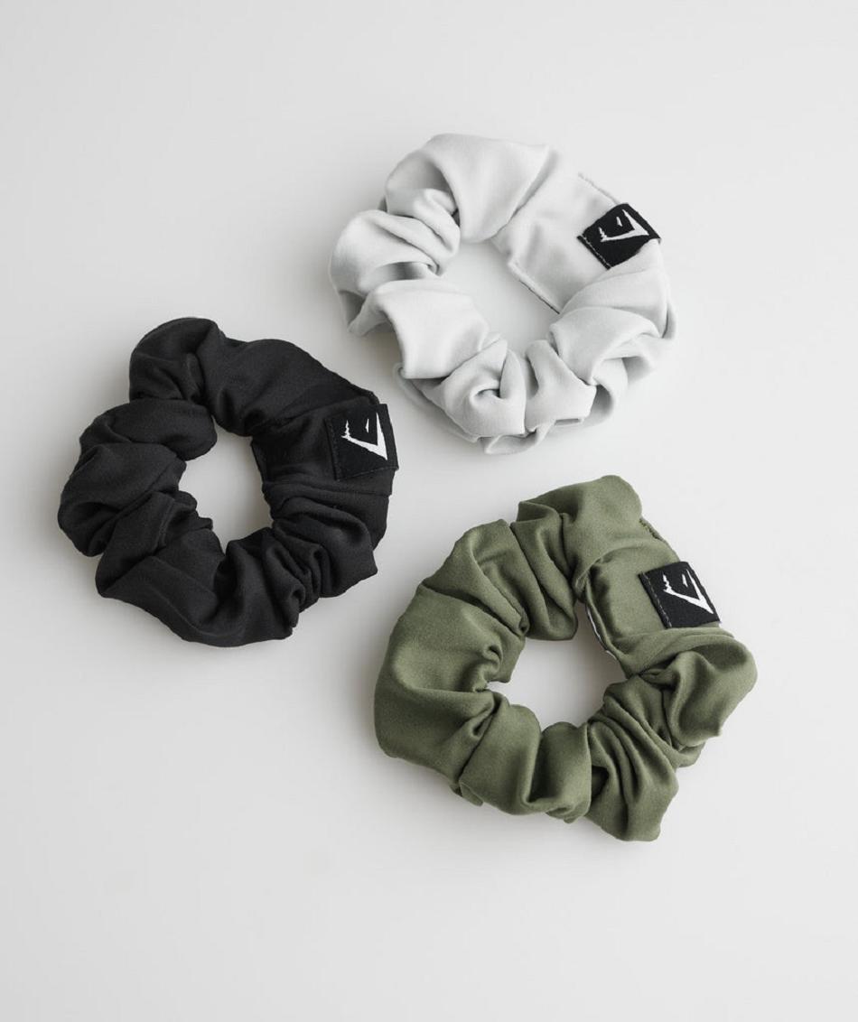 Gymshark Scrunchies 3Pk Accessories Šeširi Crne Maslinasto Zelene Svijetlo Sive | HR 2062HAP